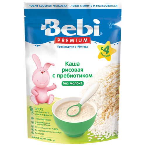 Каша Bebi безмолочная рисовая с пребиотиком, с 4 месяцев каша bebi безмолочная овсяная с 5 месяцев 200 г