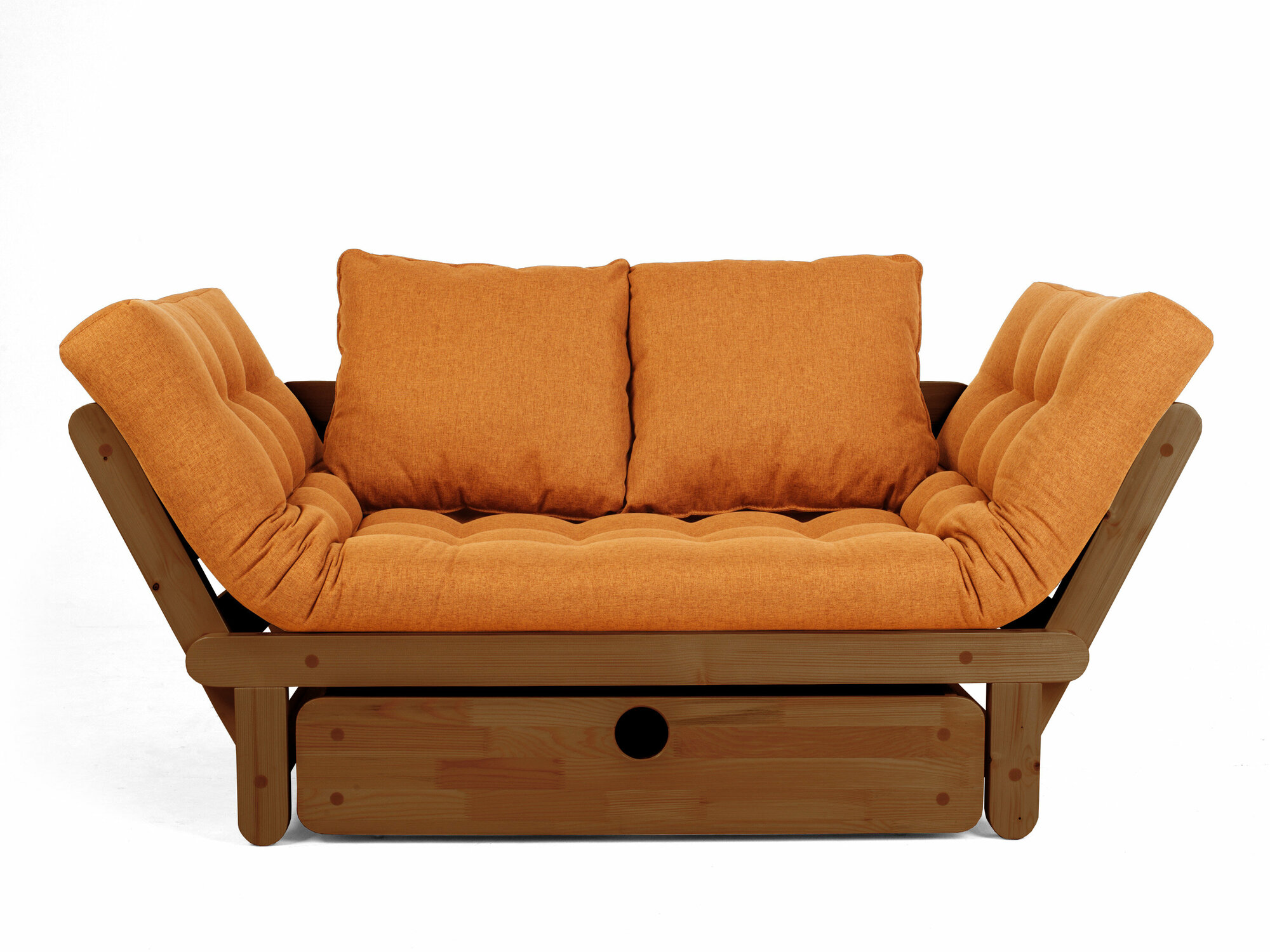 Маленький диван сламбер BOX, оранжевый-орех, рогожка, массив дерева, офисный, садовый, для кафе и бара, в гостиную, на ножках, скандинавский лофт