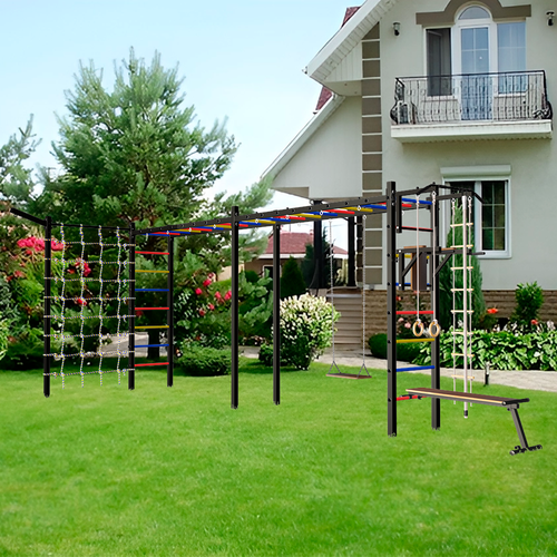 Уличная шведская стенка Sv Sport рукоход х 2 с комплектом турник прямой и сеткой У53455 (ступени Разноцветные)