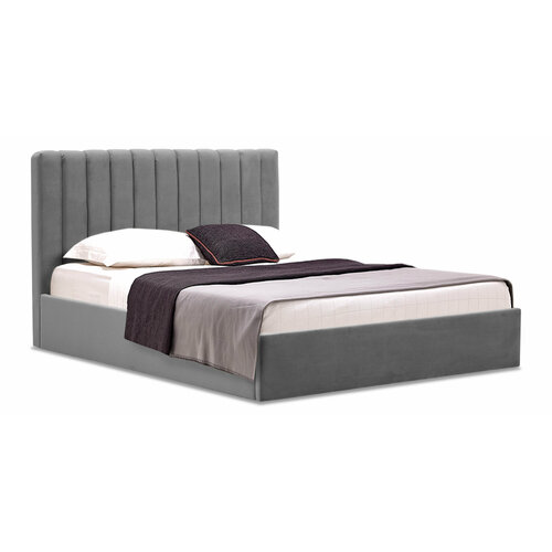 Двуспальная кровать Страйп 160х200 с подъемным механизмом, Ладья, с мягким изголовьем для дома и спальни, ортопедическое основание, ящик для белья, California 102