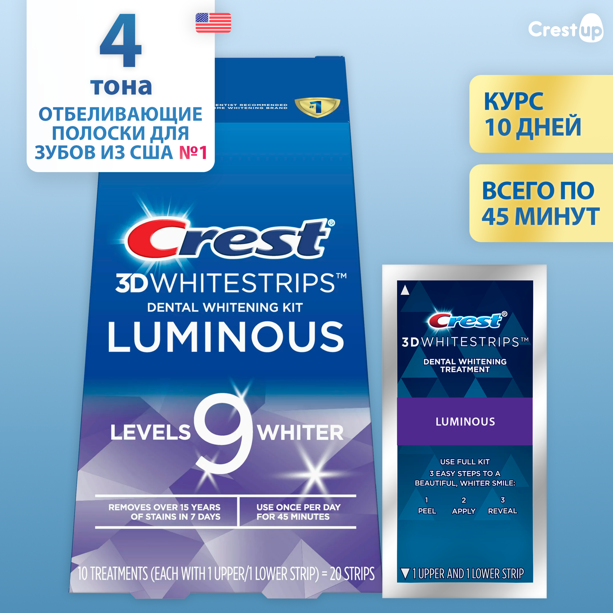 Курс 10 дней | Crest 3D Whitestrips Luminous – Отбеливающие полоски для зубов