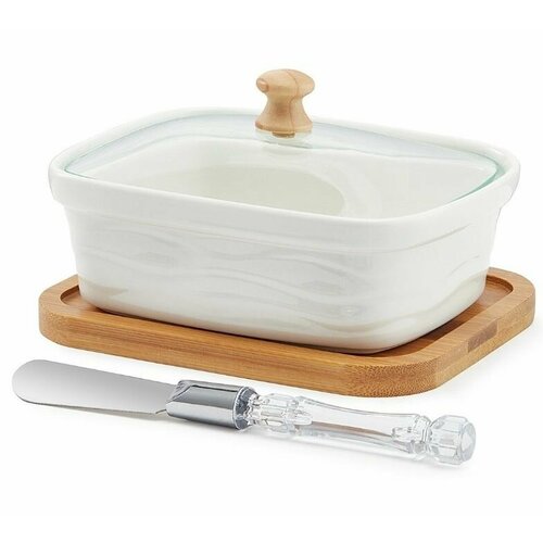 Масленка фарфоровая со стеклянной крышкой с ножом и подставкой из дерева