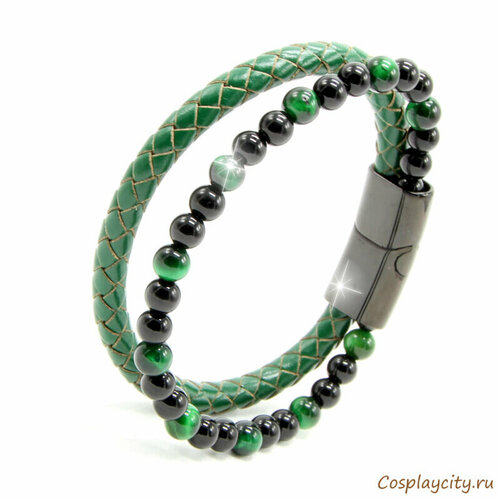фото Плетеный браслет cosplaycity - мужской из камней браслет кожаный зеленый на руку 18 - 19,5 см -, кожа, авантюрин, размер 19 см, размер xl, черный, зеленый