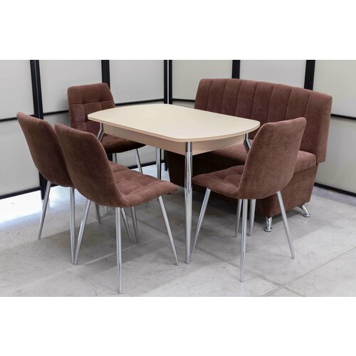 Обеденная группа Альт-6 Кватро, стол кремовый матовое стекло, 110(140)х70 см, обивка дивана антивандальная, моющаяся, антикоготь, цвет шоколад.