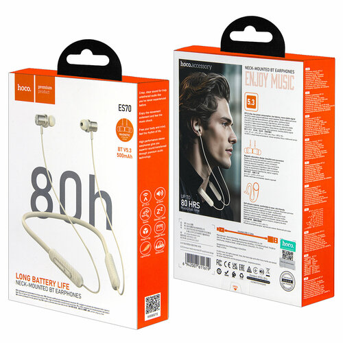 Беспроводные наушники Bluetooth спортивные ES70 Earphone Long Battery Life HOCO 80 часов работы бежевые 105000₽