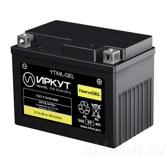 Аккумулятор иркут AGM 3.7Ач обратная полярность YTX4L-GEL