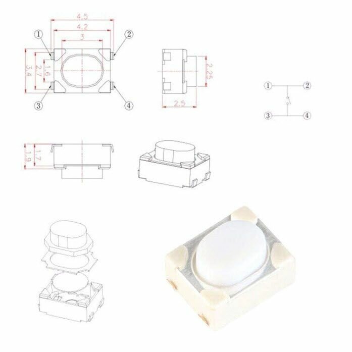 Кнопка тактовая 3х4х2.5 мм SMD 4 pin наружу — фото 1