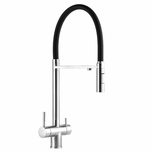 Смеситель для кухни с гибким серым изливом, с фильтром, с прямой перекладиной вставляется сбоку, сатин