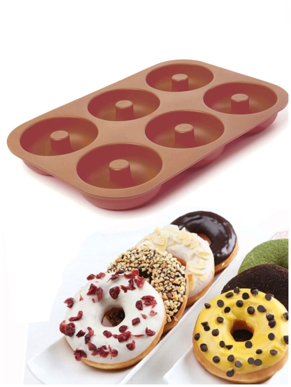 Форма для выпечки силиконовая "Пончики", 6 ячеек, коричневый (диаметр 8 см) - фотография № 1