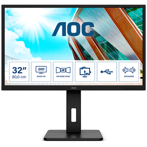 AOC Монитор LCD 31.5'' [16:9] 2560х1440(WQHD) IPS, nonGLARE, 250cd/m2, H178°/V178°, 1000:1, 50M:1, 1.07B, 4ms, 2xHDMI, DP, USB-Hub, Height adj, Tilt, Swivel, Speakers, 3Y, Black