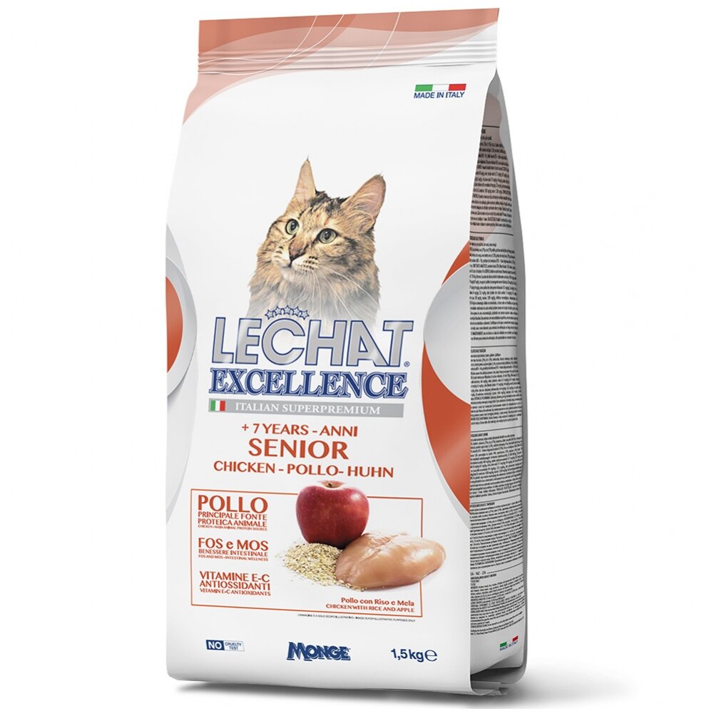 Корм для кошек LECHAT EXCELLENCE Senior для пожилых, курица, рис, яблоки сух. 1,5кг