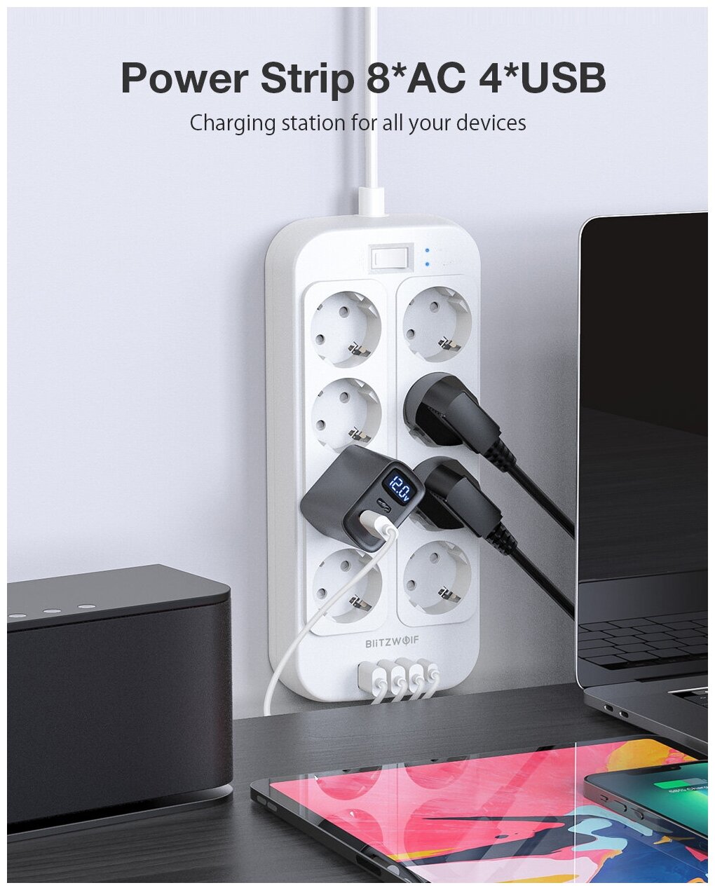 Сетевой удлинитель BlitzWolf BW-PC2 Power Strip 8 x AC + 3 x USB + 1 Type-C White