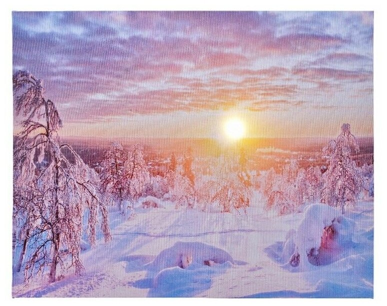 Kaemingk (Lumineo), Светящаяся картина зимнее утро (заснеженные деревья), тёплый белый LED-огонь мерцающий, 38х48 см, батарейки 485492-деревья