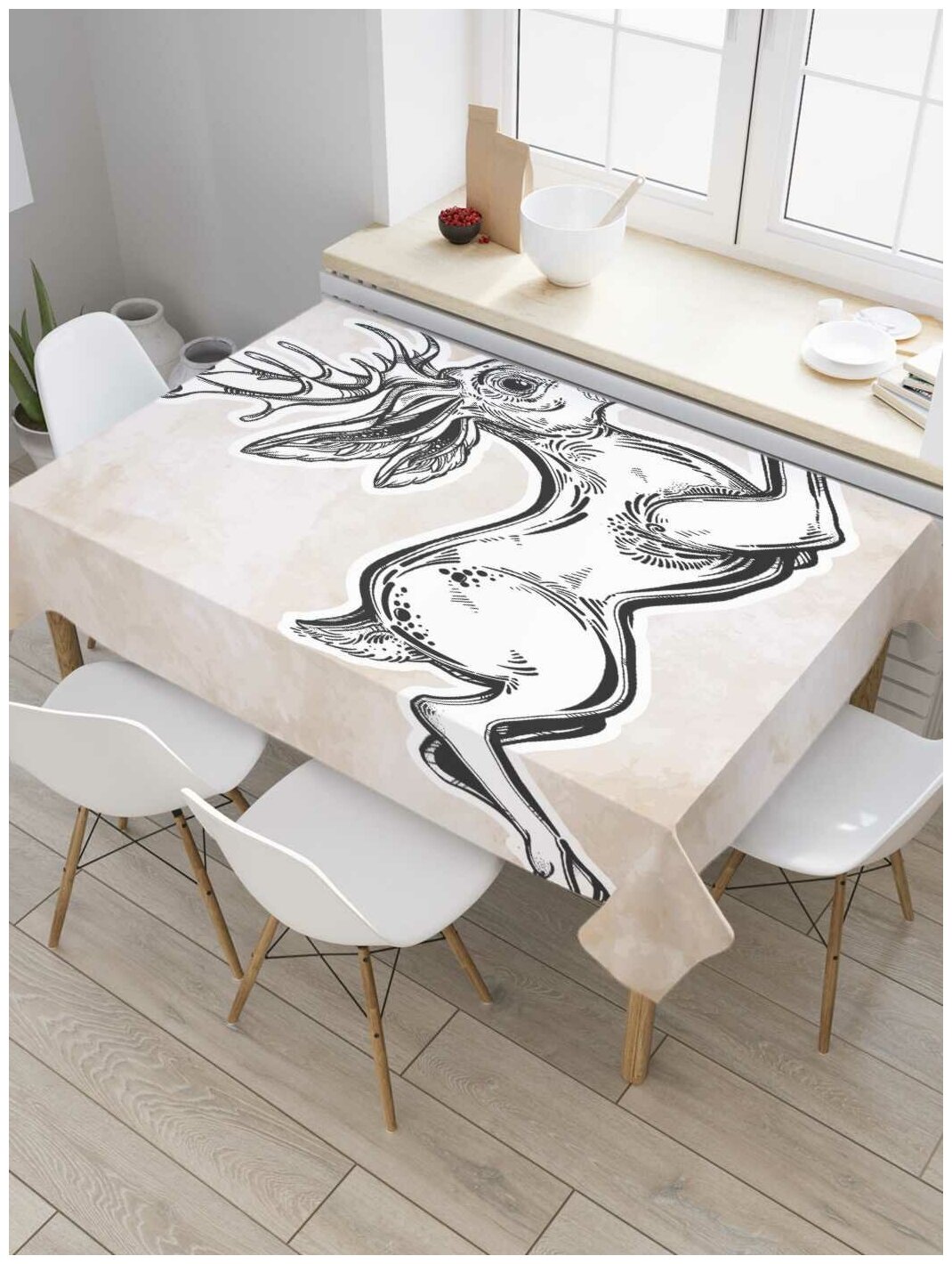 Скатерть прямоугольная JoyArty на кухонный стол "Заяц-олень" из оксфорда, 180x145 см