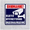 Табличка ведется круглосуточное видеонаблюдение синяя, пластик с готовым креплением, 10х10 см. - изображение