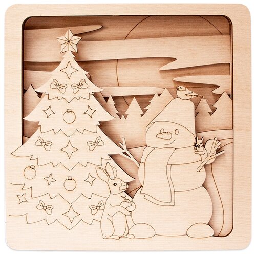 Панно деревянное 180х180 мм многослойное, для раскраски Снеговик и елка