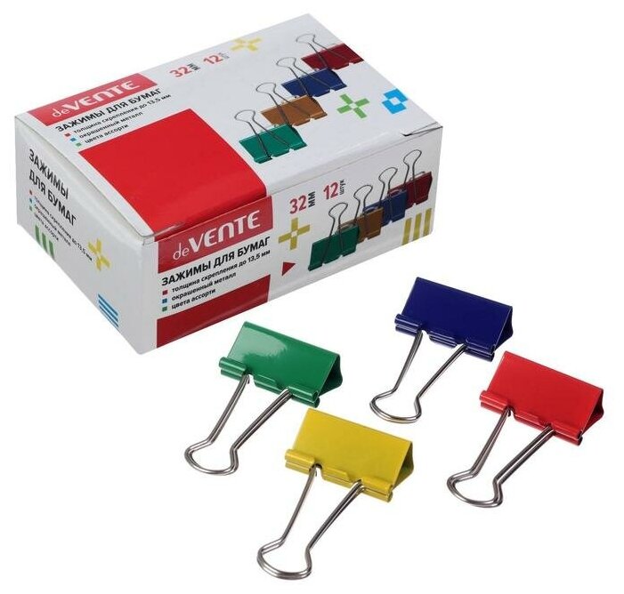 фото Зажимы для бумаг металлические 32 мм, 12 штук, цветные, deVENTE, микс