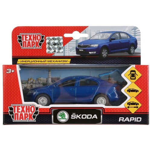 фото Машина инерционная технопарк металлическая, skoda rapid, синяя 12 см, открываются двери и багажник