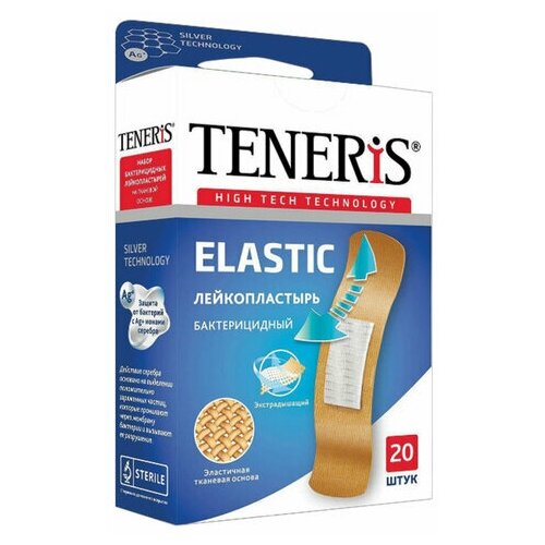 Набор пластырей 20 шт. TENERIS ELASTIC, эластичный, на тканевой основе, бактерицидный с ионами серебра, коробка с европодвесом, 0208-005, 3 шт.