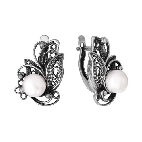 Серьги Красная Пресня, серебро, 925 проба, оксидирование, жемчуг культивированный, длина 2.1 см, серебряный