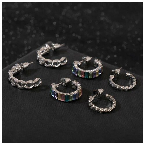 фото Серьги-кольца набор 3 пары "звенья" цепочки, цветные в серебре, d=2 mikimarket