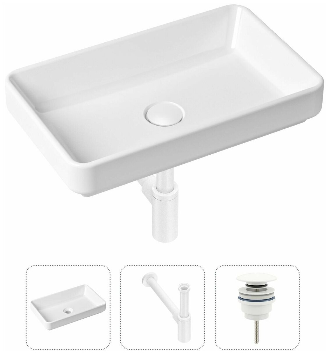 Комплект 3 в 1 Lavinia Boho Bathroom Sink 21520122: накладная фарфоровая раковина 55 см, металлический сифон, донный клапан