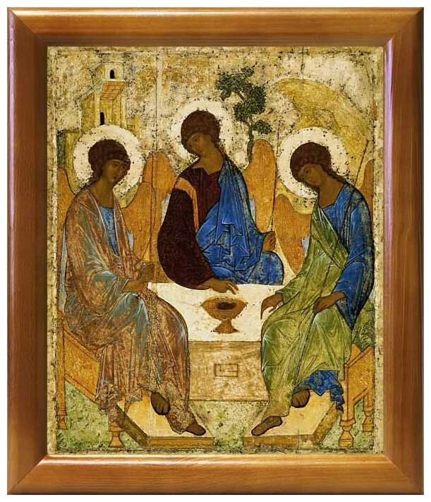 Святая Троица, Андрей Рублев, XV в, икона в деревянной рамке 20*23,5 см