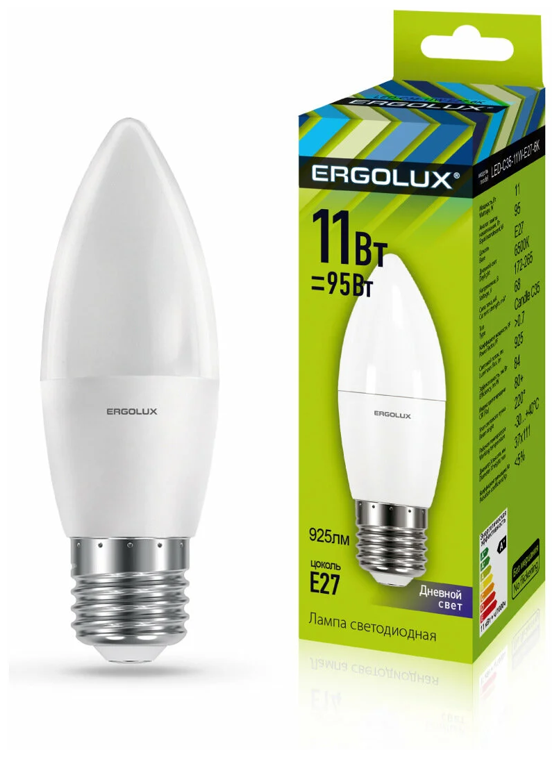 Электрическая светодиодная лампа Ergolux LED-C35-11W-E27-6K Свеча 11Вт E27 6500K 13623