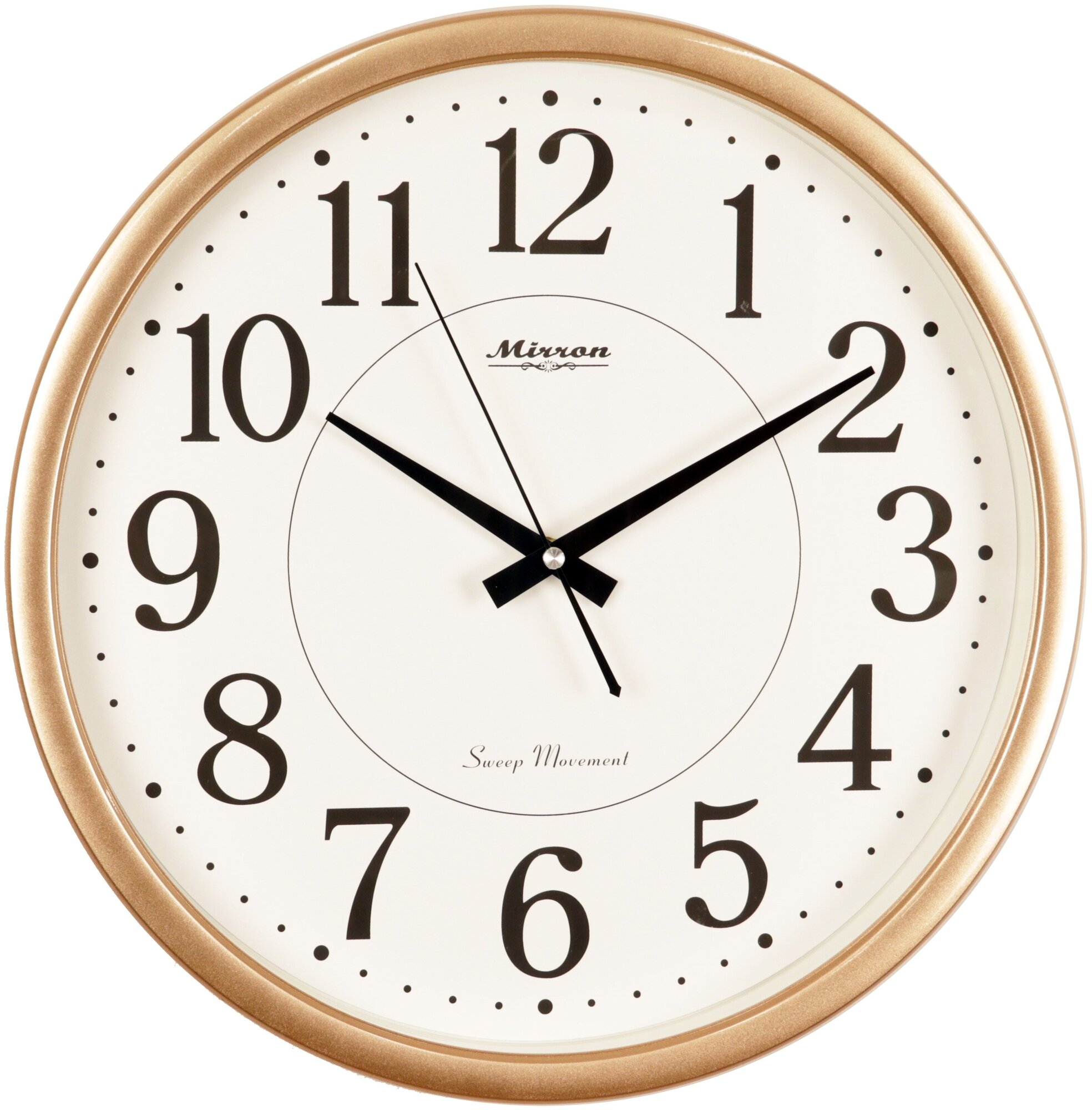 Настенные кварцевые часы MIRRON P3110A ЗБ/Большие круглые часы/38 см/Часы в комнату, спальню/Золотой цвет корпуса/Белый (светлый) циферблат/Бесшумный плавный механизм