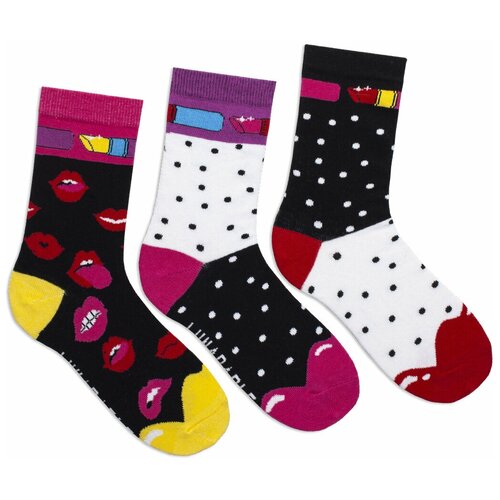 Комплект женских носков с принтом lunarable, 3 пары, Помада, губы, черный, белый, красный, размер 35-39