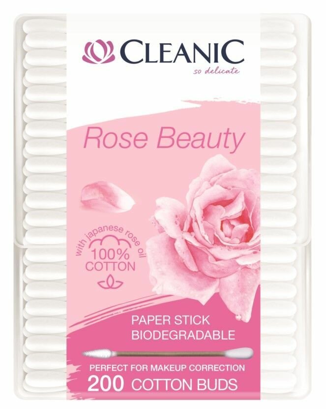Cleanic Ватные палочки гигиенические Rose Beauty в бумажной прямоугольной коробке, 200 шт