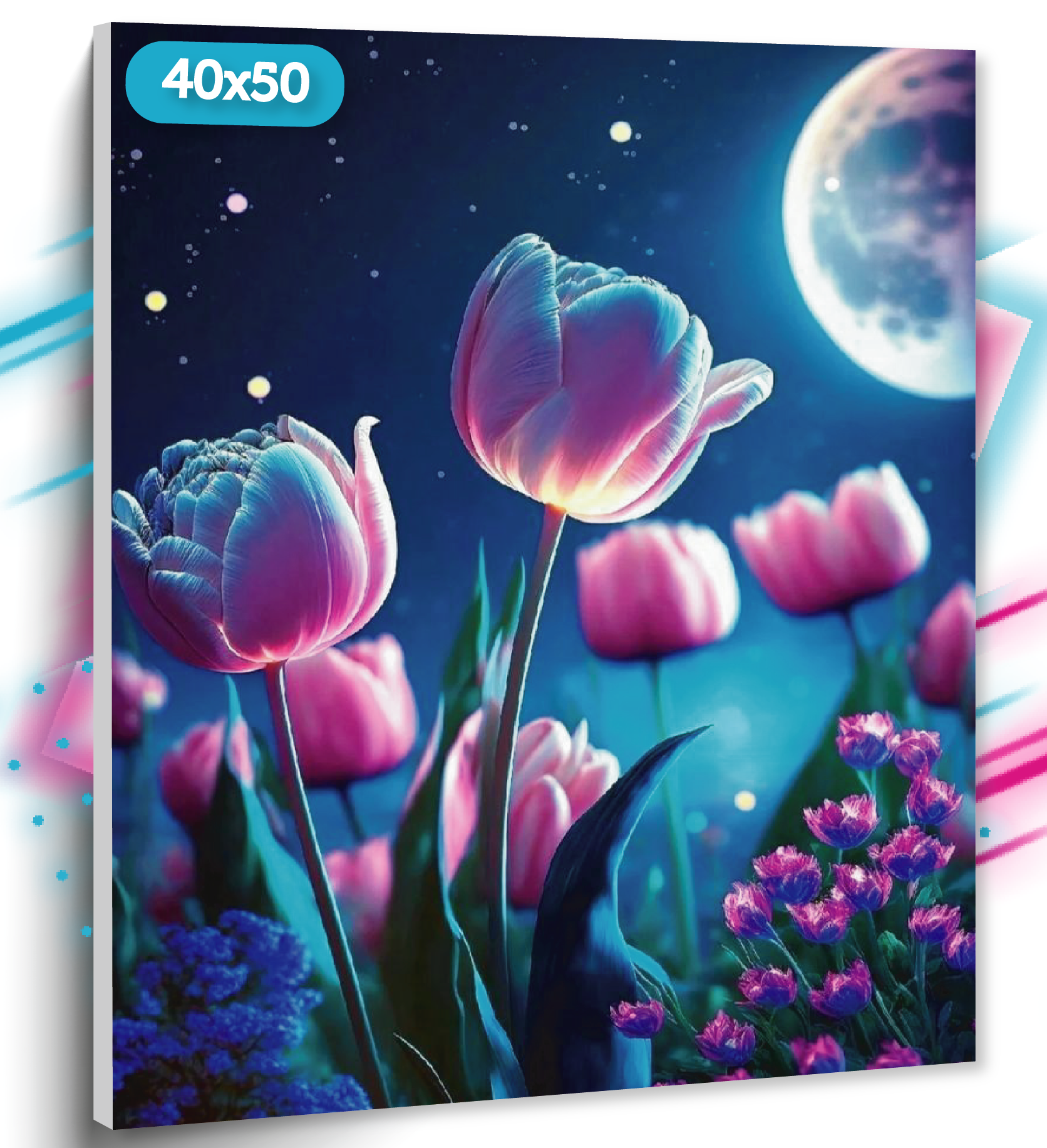 Алмазная мозаика на подрамнике "Ночные тюльпаны" , 40х50 см, Вышивка круглыми стразами, Полная выкладка "ТТ"