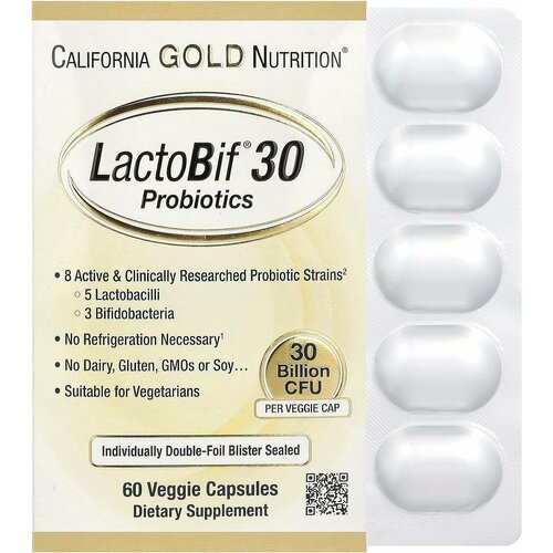 California Gold Nutrition LactoBif Probiotics 30 Billion CFU 60 veggie capsules (лактобиф пробиотик) молозиво california gold nutrition 240 капсул