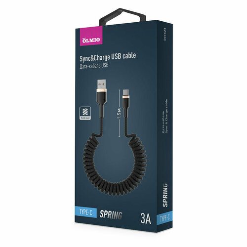 Витой кабель зарядки и передачи данных USB 2.0 Type-C, 1.5м, 3A SPRING , OLMIO