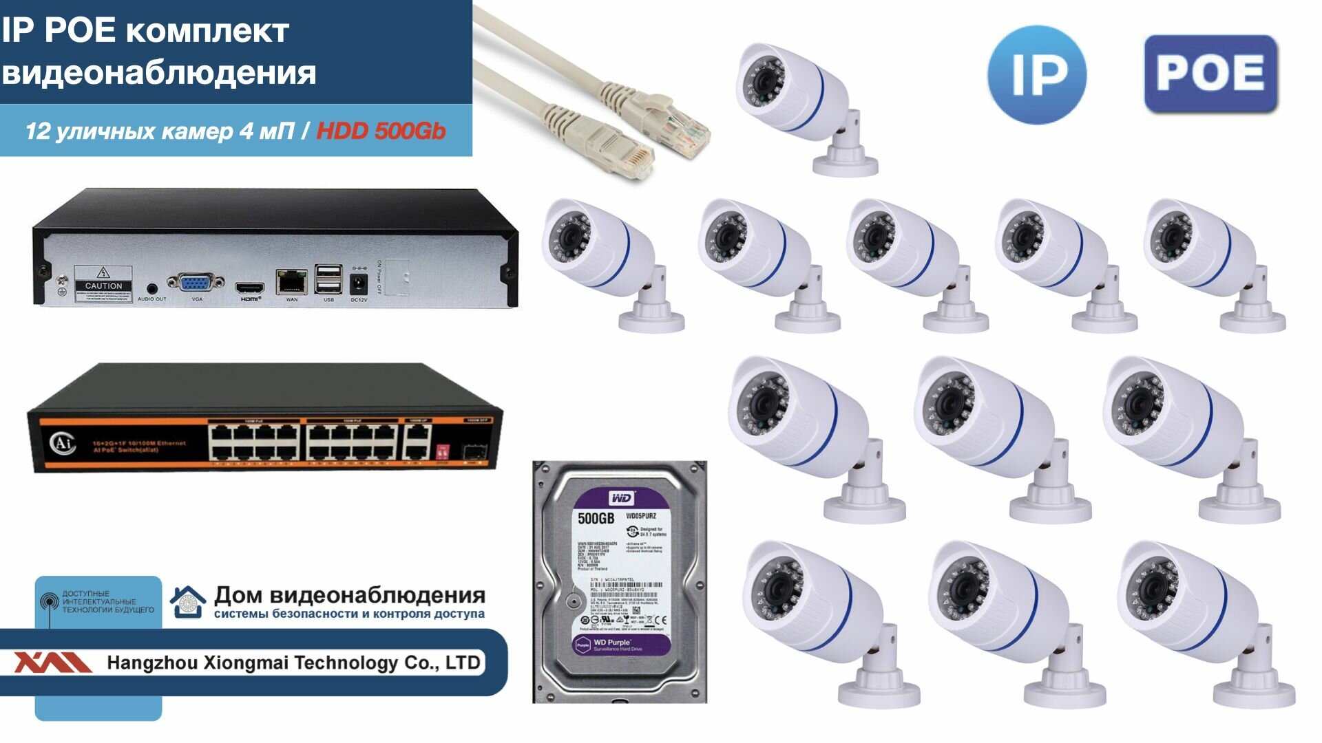 Полный IP POE комплект видеонаблюдения на 12 камер (KIT12IPPOE100W4MP-HDD500Gb)