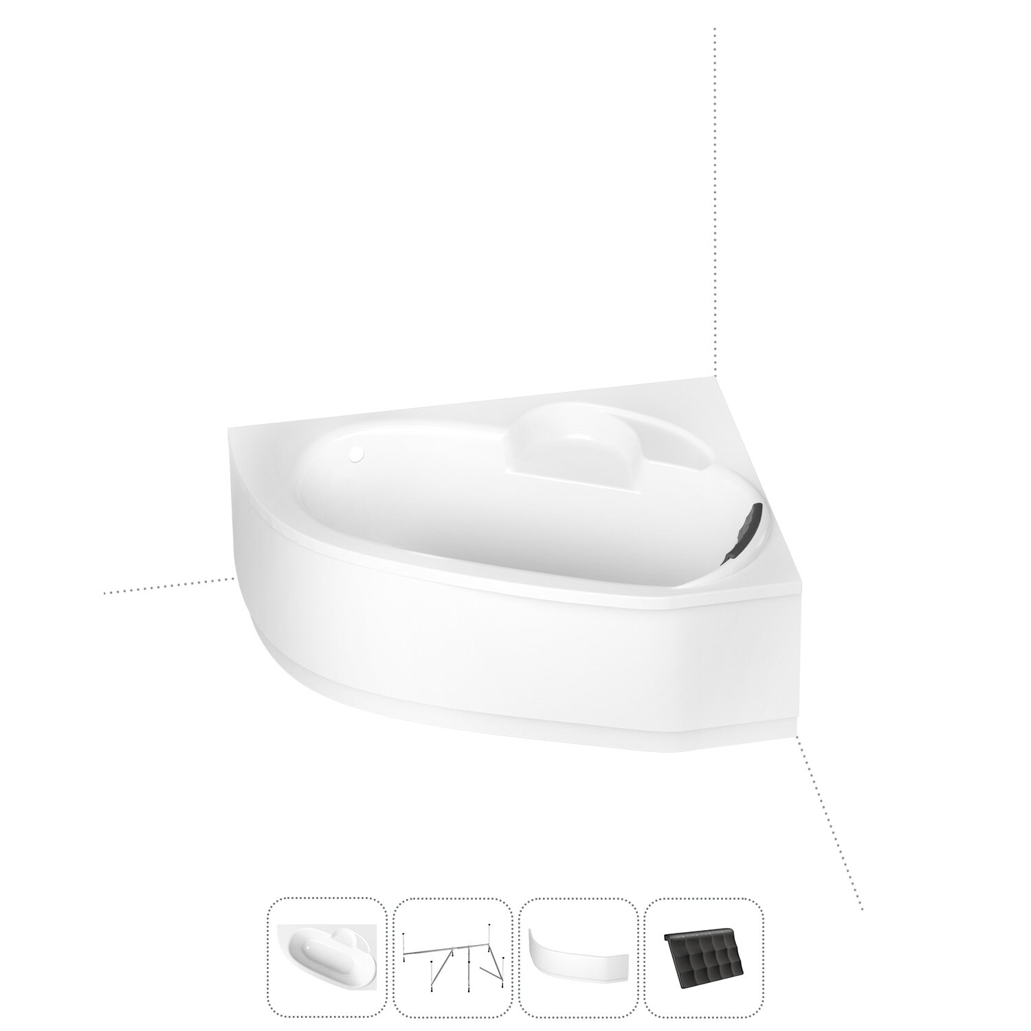 Угловая ванна акриловая 160 x 105 с каркасом и экраном Lavinia Boho Bell Pro S2-370216PR в наборе 4 в 1: асимметричная ванна (правый разворот), каркас, экран, подголовник