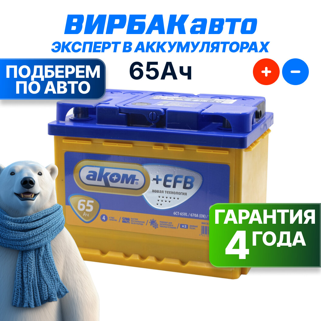 Аккумулятор AKOM +EFB 65 Ач 670 А прямая полярность, 242x175x190 мм