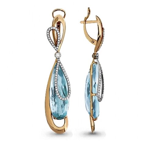 Серьги AQUAMARINE, красное золото, 585 проба, топаз, бриллиант