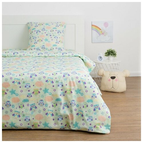 фото Детское постельное белье экономь и я "сова", 1,5-спальное, зеленое, 147*210+,-5 см, 150*214+,-5 см, 70*70+,-5 см, 1 наволочка
