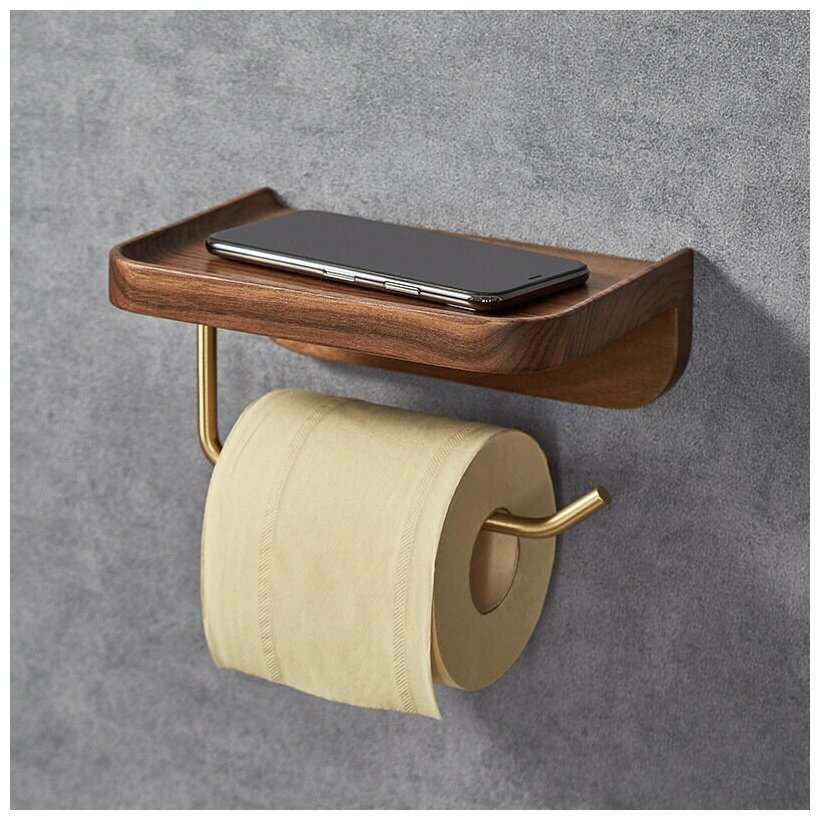 Настенный держать A-PORTE HOME для туалетной бумаги, с полочкой, 20 см, ореховое дерево/алюминий, коричневый-золотой - фотография № 8