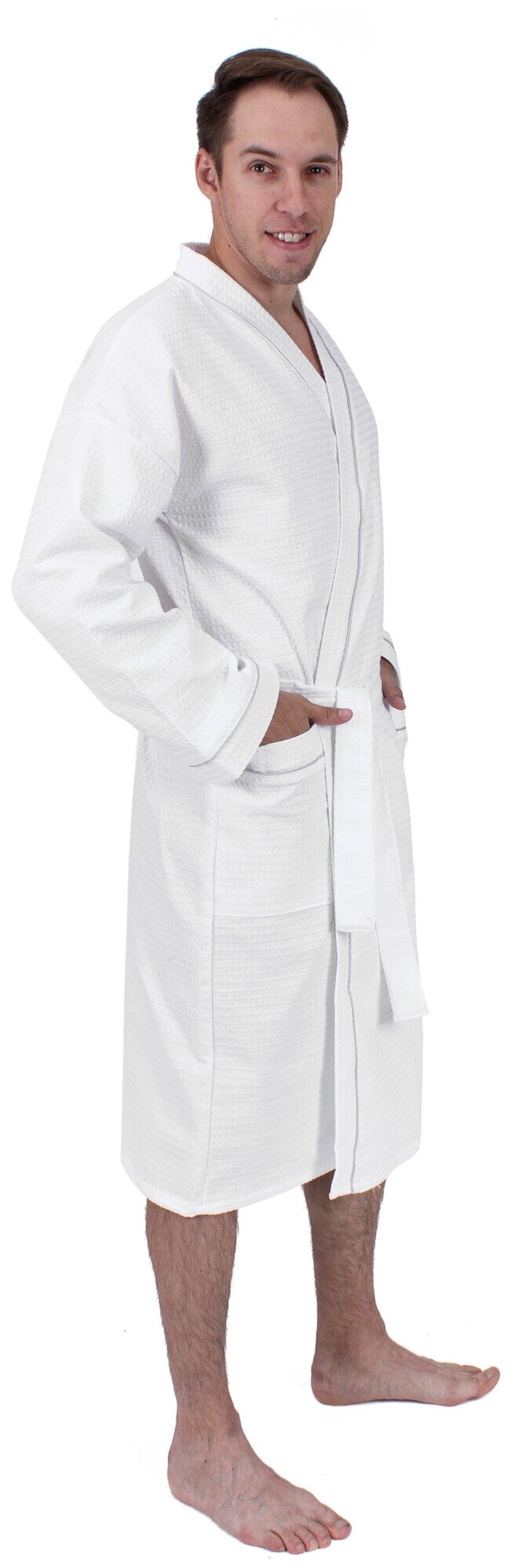 Вафельный мужской халат белый Elintale (белый), 52-54 - фотография № 2