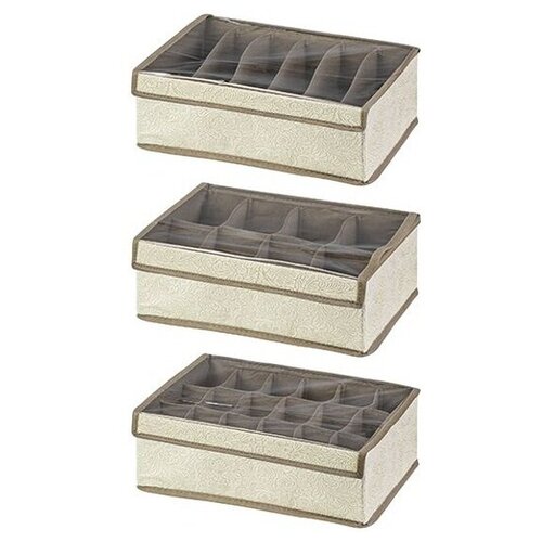 Набор 3-х короб-кофров для нижнего белья и носков 34х23х12 см EL Casa Цветочный узор на бежевом (6, 8, 18 отделений), с прозрачной крышкой