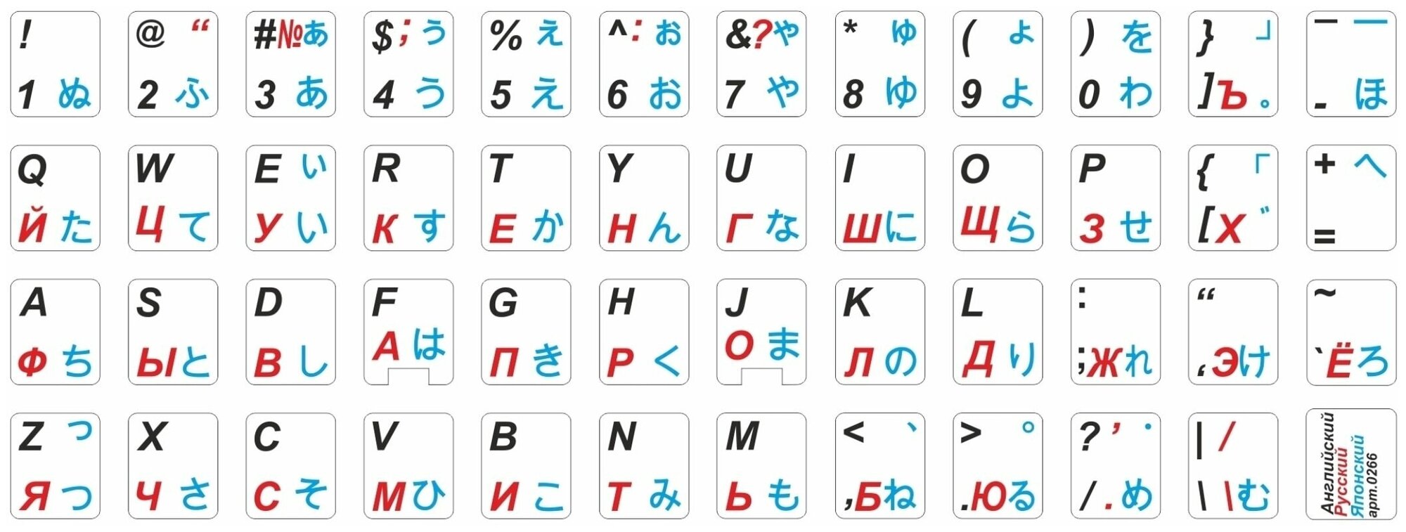 Японские, английские, русские буквы на клавиатуру, наклейки букв 11x13 мм.