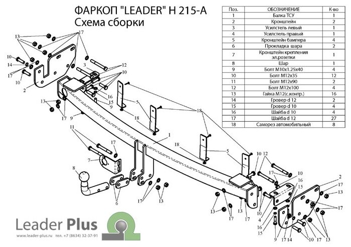 Фаркоп (ТСУ) Kia Sorento (09-12) Hyundai SantaFe (06-12) со съем. шаром "Лидер-Плюс" (без эл/пак.) Leader Plus H215-A