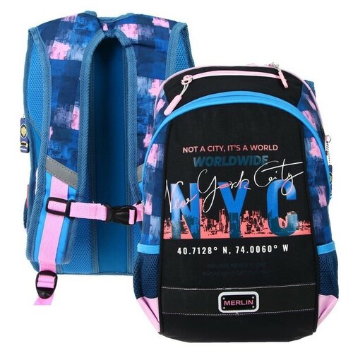 Рюкзак молодёжный Across Merlin NYC, 43 х 29 х 15 см, эргономичная спинка, чёрный, синий, розовый рюкзак молодежный across merlin эргономичная спинка 43 х 29 х 15 см nyc чёрный синий розовый