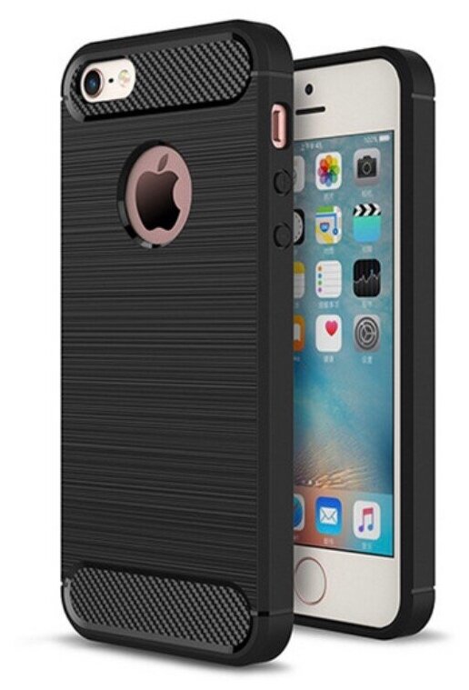 Чехол панель-бампер MyPads для iPhone 5 / 5S/ SE/ 5SE (Айфон 5/ 5С/ 5СЕ) из прочного силикона с матовой отделкой «под карбон» черная