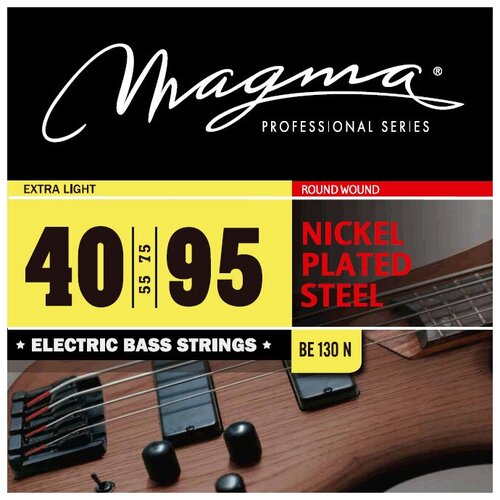 magma strings be230s струны для бас гитары 60 130 серия stainless steel калибр 60 80 100 130 обмотка круглая нержавеющая сталь натяжение ne Струны для бас-гитары Magma Strings BE130N, Серия: Nickel Plated Steel, Калибр: 40-55-75-95, Обмотка: круглая, никелированая сталь