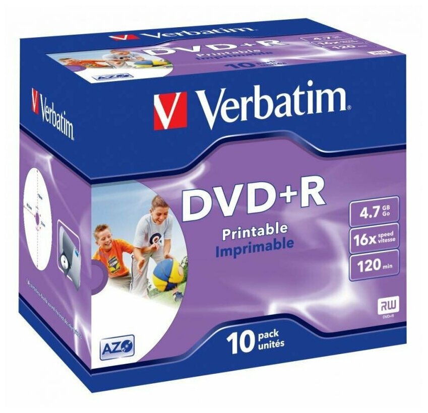 Verbatim Диски DVD+R 16x 4.7Gb Jewel 10 Printable Verbatim 43508