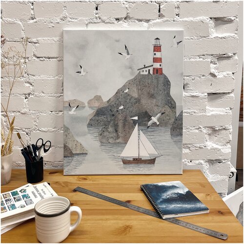 Картина-холст на подрамнике / Интерьерная картина / 50*60 см / Море, маяк, корабль
