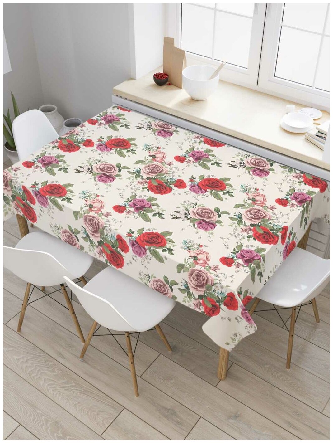 Скатерть прямоугольная JoyArty на кухонный стол "Завораживающие розы" из оксфорда, 120x145 см